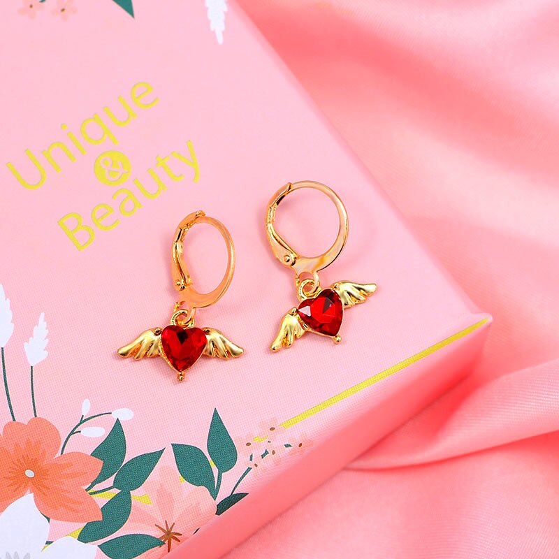 Flatfoosie Mode Bling Hart Crystal Oorbellen Voor Vrouwen Goud Kleur Alloy Wing Earring Sieraden Party