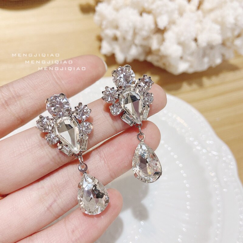 MENGJIQIAO Silver Color Waterdrop Crystal Dangle Earrings For Women Girls Party Pendientes Jewelry