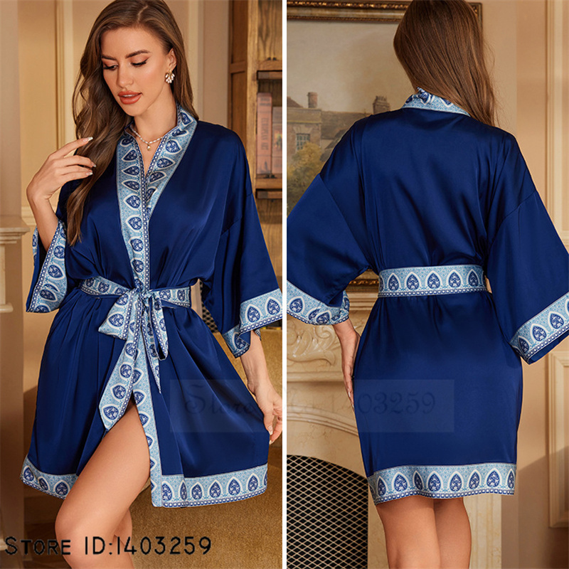 Chinese Stijl Print Badjas Nachtkleding Zomer Ijs Zijde Kimono Badjas Loungewear Casual Dames Kamerjas Nachtkleding