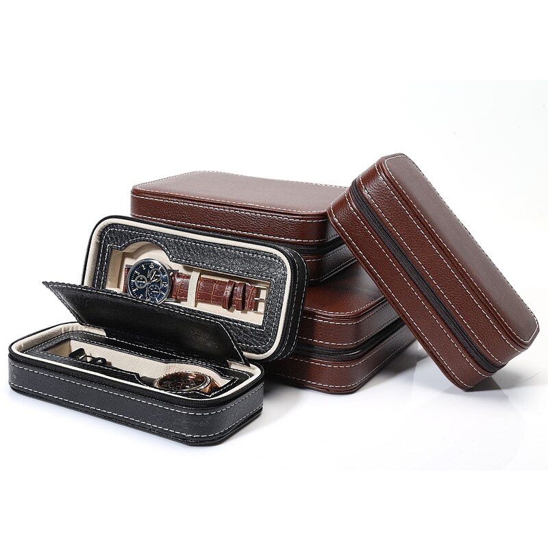 Black Brown Watch Display Box Leather Watch Organizer Storage Box Collection Case Zippere for Jewelry Watch 2/4/8 Grids