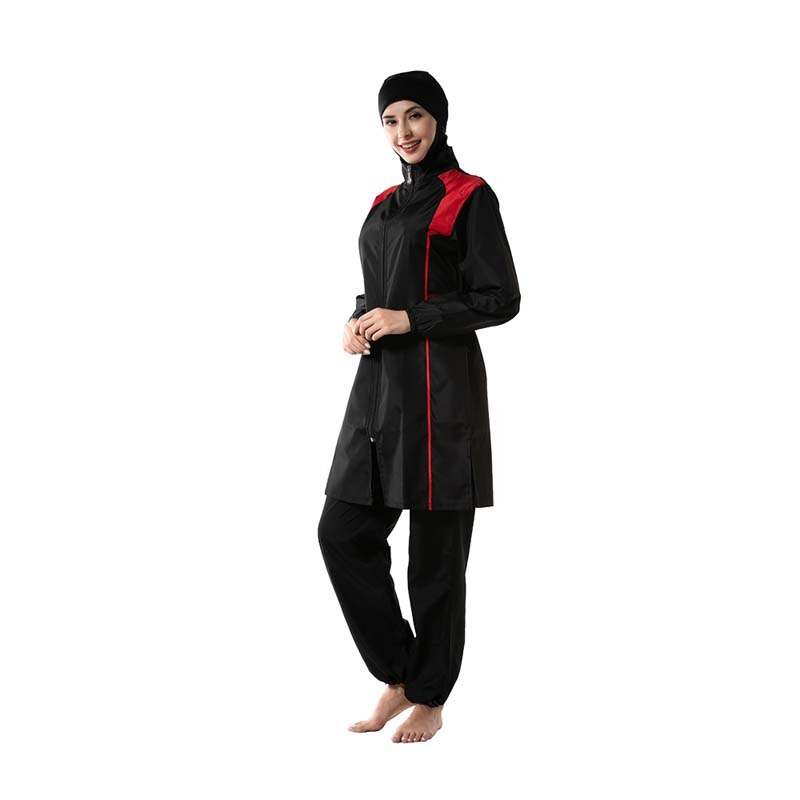 BAILUNMA Women Burkinis Muslim Swimwear Trousers Hooded Swimsuit Hijab Three-piece Sport Islamic Beachwear M015: Red / L