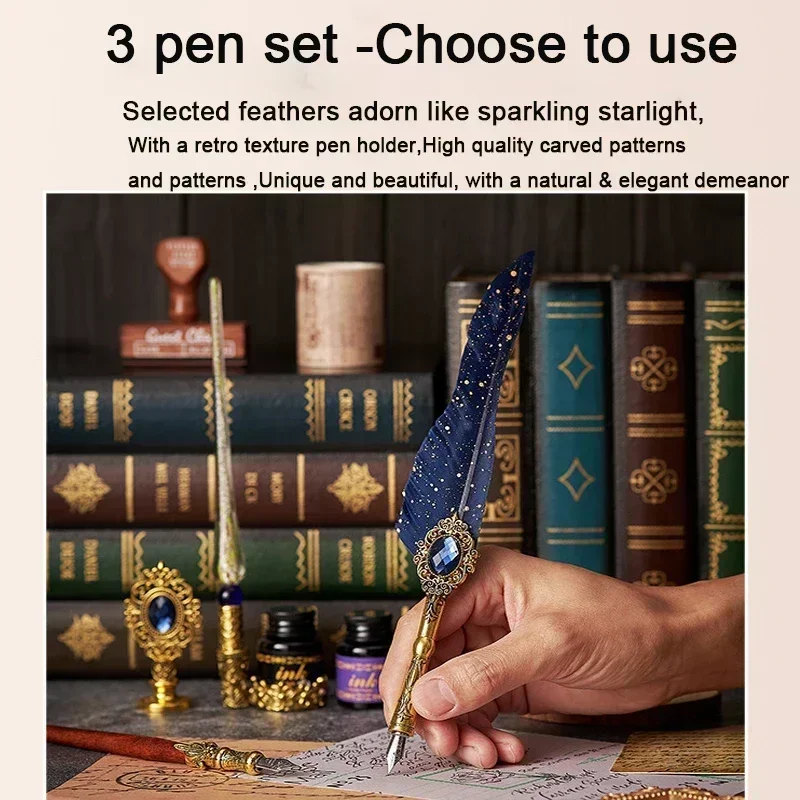 European Style Quill Pens Set with Ink Retro Dipping Quill Pen Lacquer Seal Student Dip Pencil Feather Pen