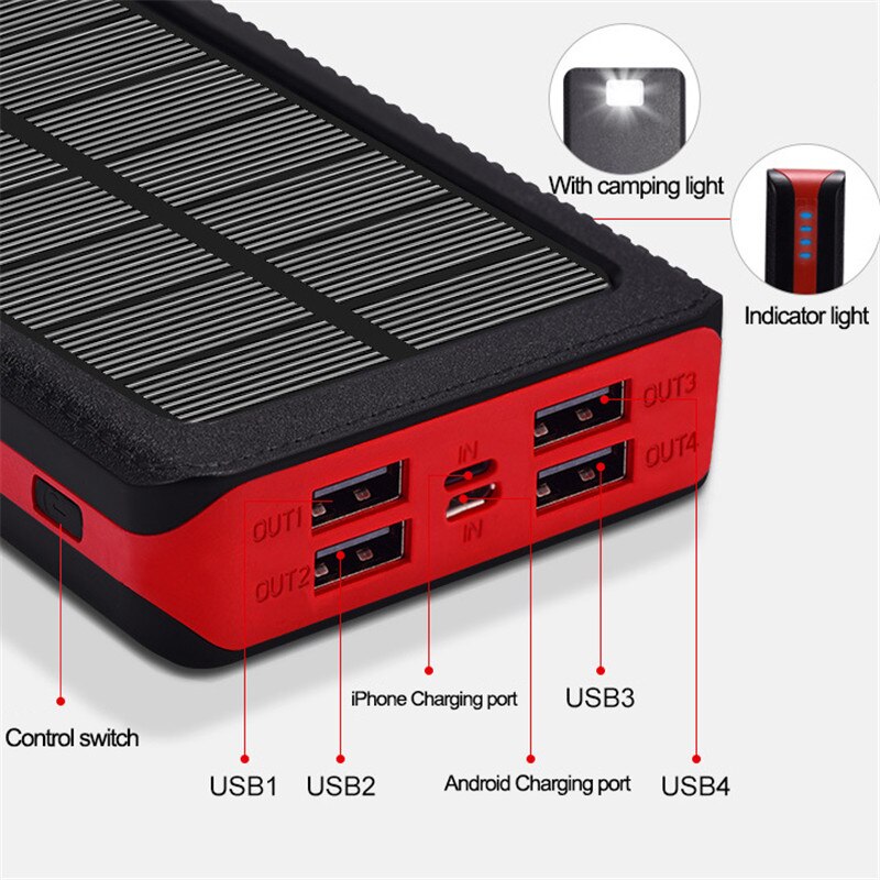 80000mAh Solar Phone Powerbank Fast Charger Portable with LED Light 4 USB Ports External Battery Suitable for Xiaomi Iphone Sams