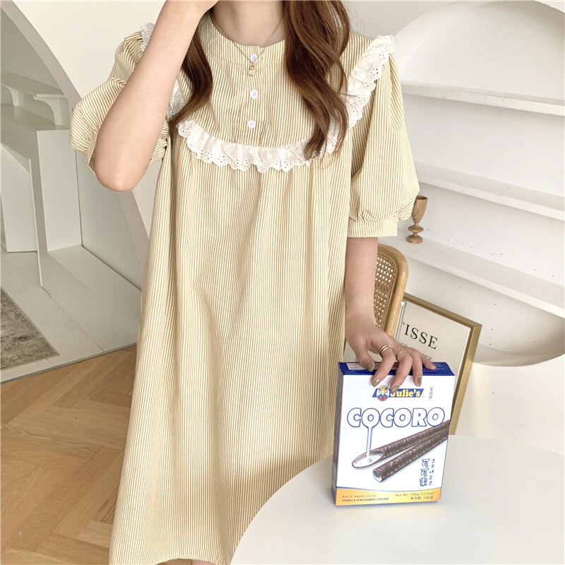 Alien Kitty Sweet Princess Comfortable Chic Casual Homewear Lace Summer Sleepwear Striped Dress Pajamas Loose Nightdress