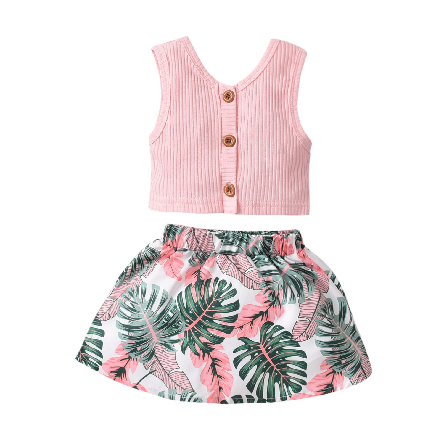 2 Pcs Infant Summer Outfits, Baby Girl Sleeveless Ribbed V-Neck Button Tank Top + Flower Print Skirt (Green): 4 / 3T