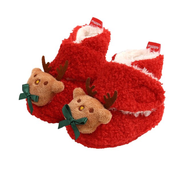 Merry Christmas Party Baby Girls Boys Booties Lovely Winter Warm Cartoon Pattern Fleece Slippers Anti-Slip Newborn Crib Shoes: Red / 13