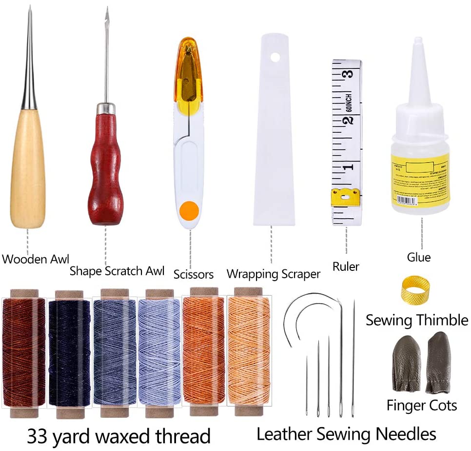 LMDZ Leather Working Kit, Leather Thread, Upholstery Sewing Needles, Liquid Glue, Instructions for Leathercraft and DIY Project