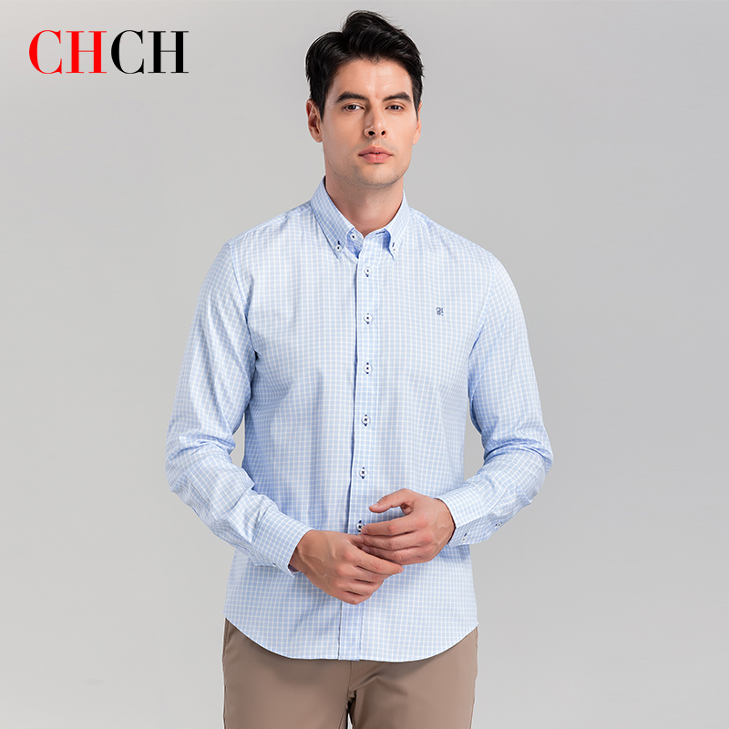 CHCH-camisa a cuadros de algodón puro para hombres, camisa informal de negocios de manga larga de , con botones, 100%