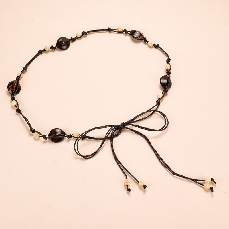 KASURE, Correa trenzada de cuentas acrílicas para mujer, cinturón Vintage bohemio, cinturón tejido, borla de punto, vestido informal, cinturones bohemios: coffee
