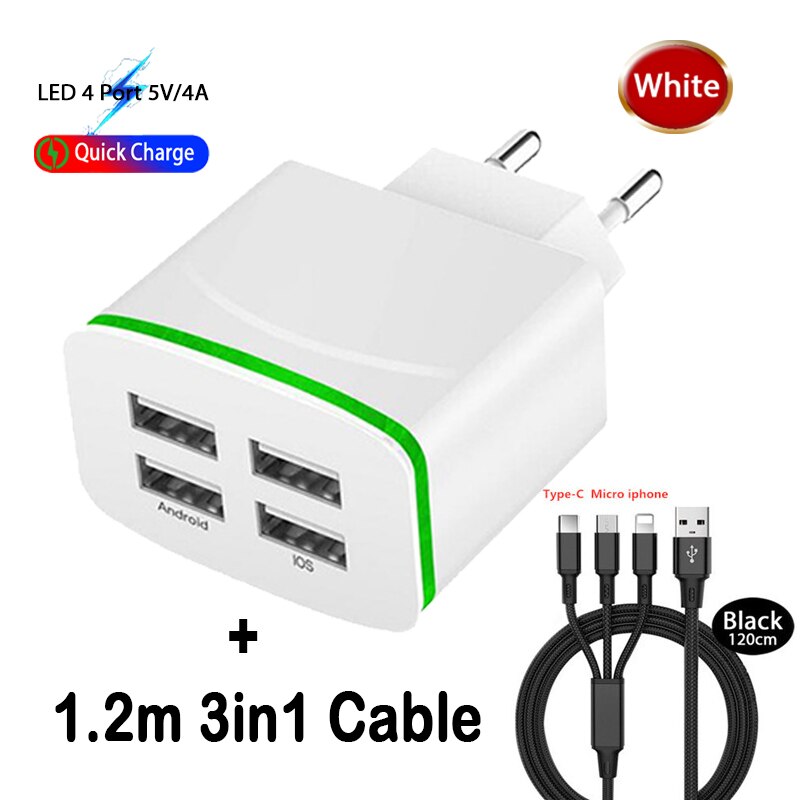 Desktop di 4 Porte USB del Caricatore per il iPhone iPad Xiaomi Samung HA CONDOTTO LA Luce Spina di UE 5V 4A Adattatore Da Parete Mobile universale del telefono di Ricarica: White and 3in1 Cable