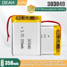 Batería recargable de polímero de litio para auriculares, 303040, 033040, 3,7 V, 350mAh, MP4, LED, Bluetooth, bolígrafo de lectura, podómetro, celda de iones de litio