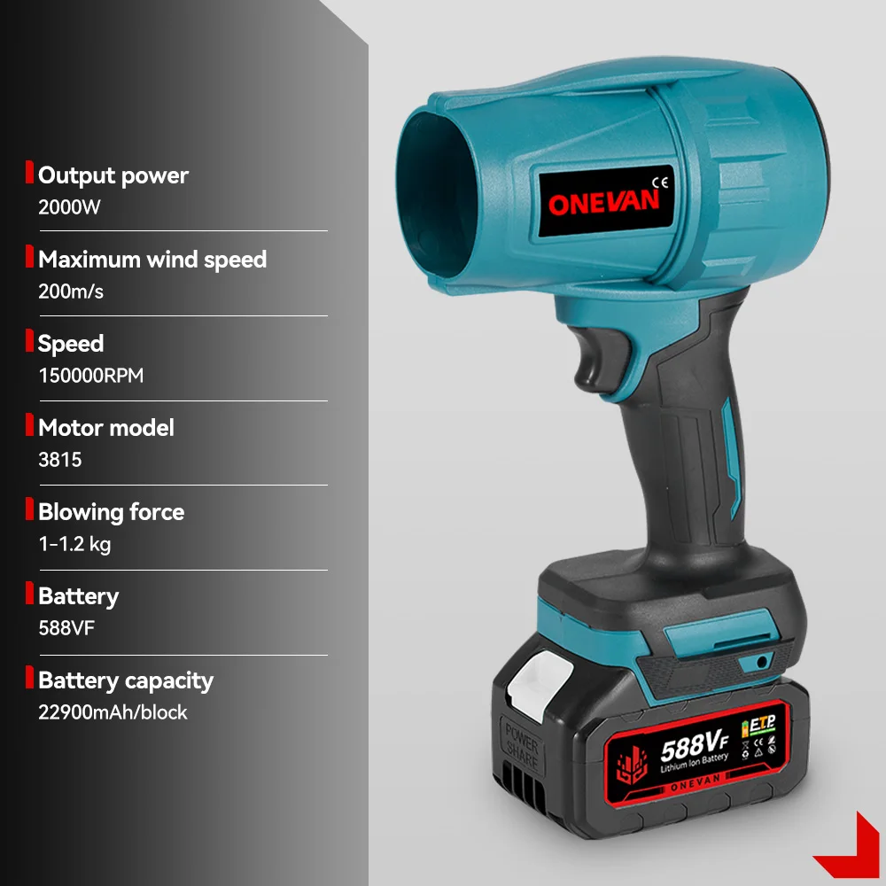 ONEVAN – ventilateur à Jet Turbo sans balais 200 M/S, 2000W, souffleur d'air électrique portatif sans fil, outil de dépoussiérage et de neige pour batterie Makita 18V