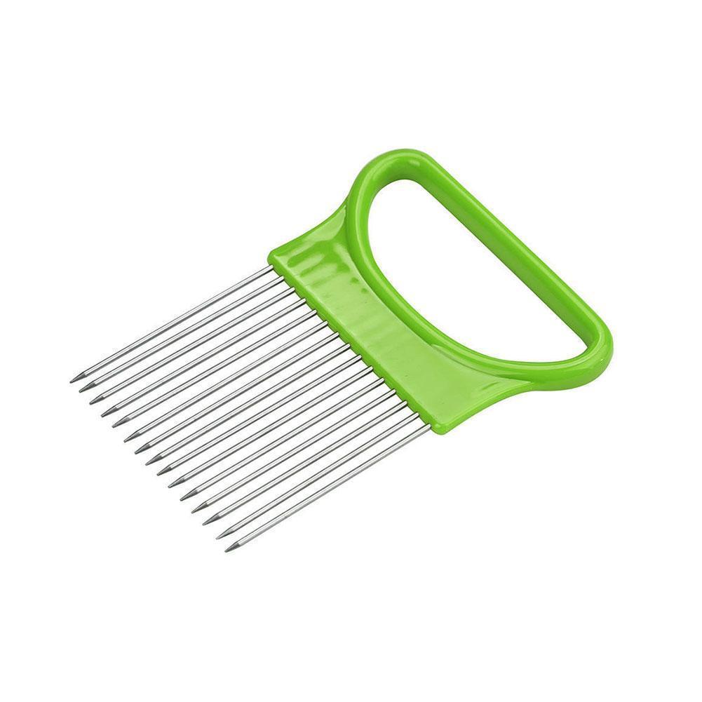 1PC de acero agujas para cebolla tenedor para cebolla verduras fruta máquina de cortar tomate corte seguro Tenedor de ayuda accesorios de cocina: green