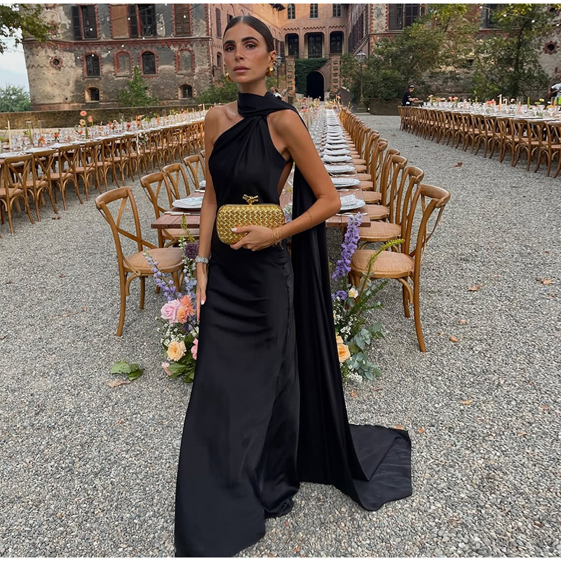 Sexet satinbånd festkjole kvinder halterneck rygløs off-shoulder ærmeløs kvindelige kjoler sommer solid kåbekjole: L / Beige