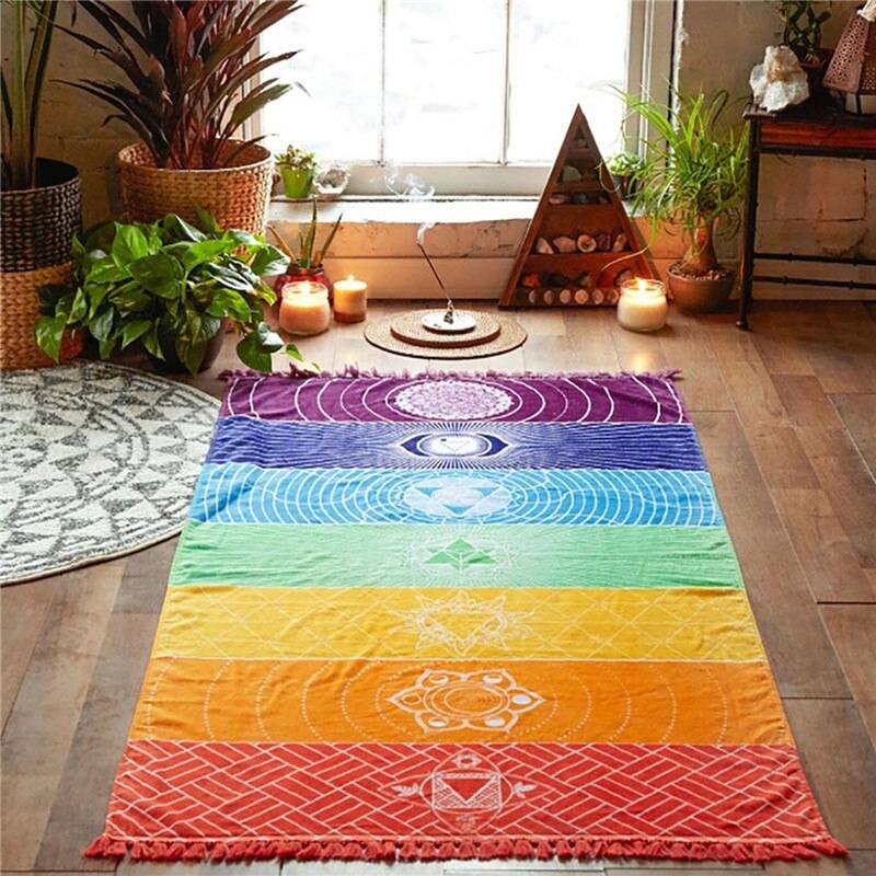 Enkele Regenboog Chakra Tapestry Handdoek Tapijt Mandala Boho Gestreepte Gedrukt Reizen Yoga Mat Deken Outdoor Matten 150x70 cm /100x45 cm
