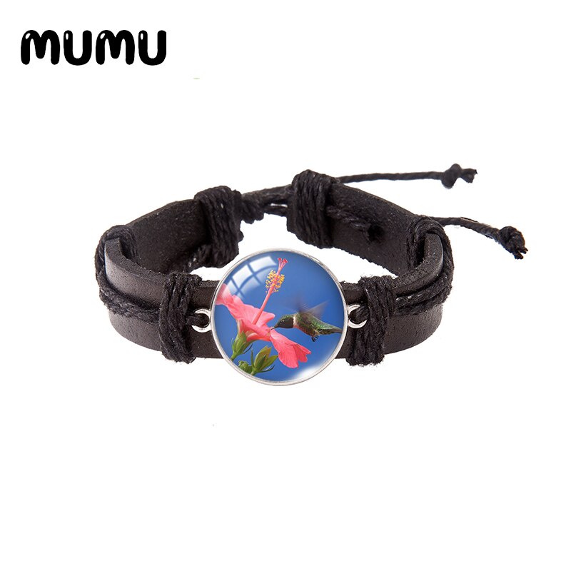 Hummingbird Flower Leather Bracelet Round Glass Dome Bracelets Handmade Jewelry Men Women: 9