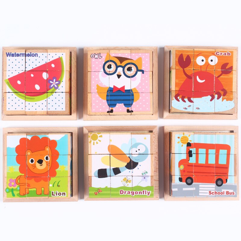 9pcs 6 lato giocattolo Del Bambino 3D Del Fumetto di Legno Tagliere blocco blocco blocco di cubi di Legno di Frutta Animale Traffico giocattoli Educativi per regalo dei bambini