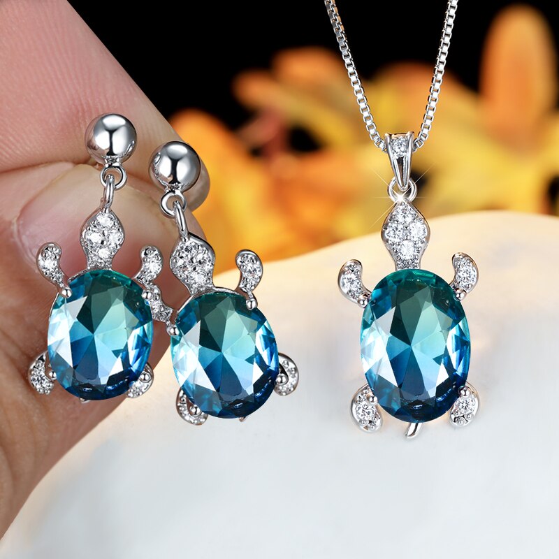 Regenboog Opaal Grote Ovale Steen Zee Schildpad Sieraden Sets Multicolor Crystal Tortoise Kettingen Oorbellen Voor Vrouwen Wedding Bridal Sets: Blue Green