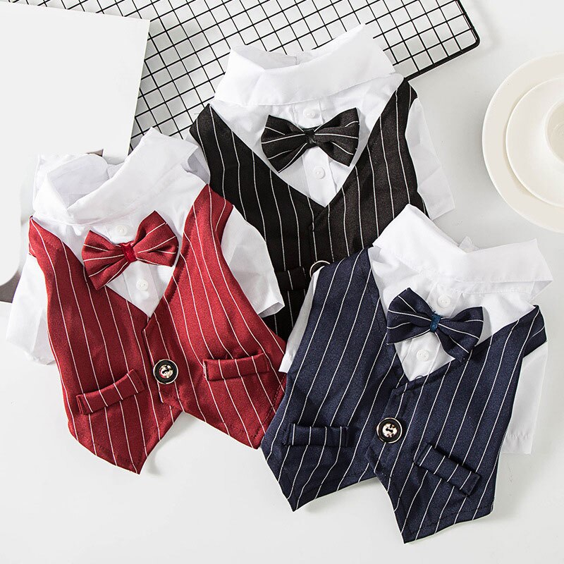 Dog Clothes Wedding Gentleman Formal Pet Suit Bow Ties Stripe Tuxedo Dog Outfit with Buttons Lovely Pet Clothes