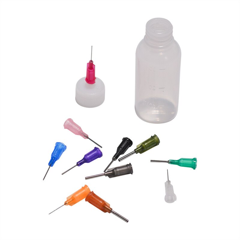 Botella dispensadora de aguja de polietileno transparente, dispensador de resina para soldadura, pasta fundente + 11 agujas, 30ml, 1 Juego