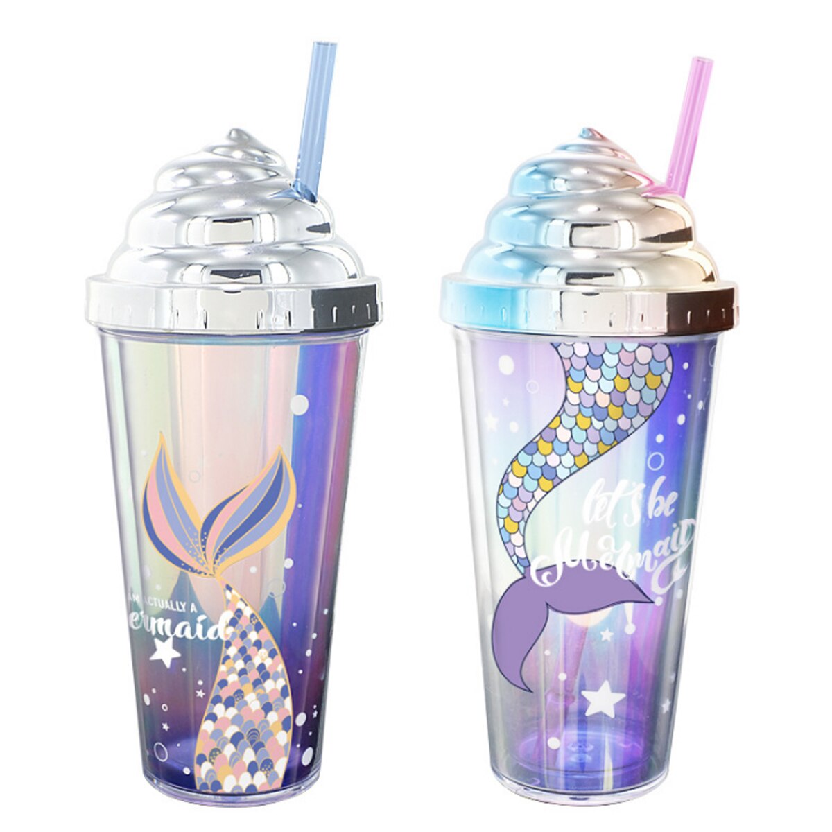 Summer Straw Cup with Sealing Cover, Double-Layer Reusable Tumbler Cup with Mermaid Patterns, BPA Free Arrivals