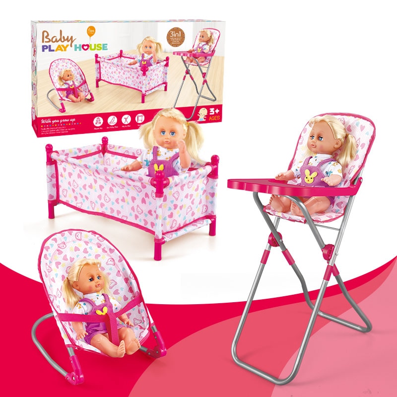 4 in 1 Baby Children Foldable High Dinning Chair Swing Chair Stroller Cot Bed Dolls Toys Set box Pretend Play funiture Toys