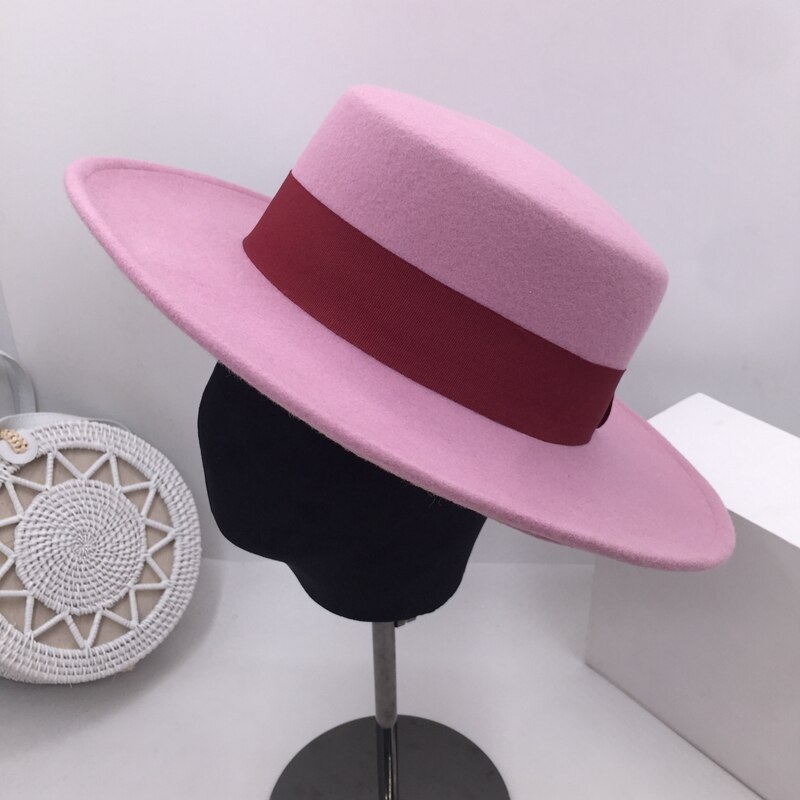 Net rød uldhat panama samme stil flad top ren farve fransk mini-stil bred udhæng pink hat moderigtigt ins party fedoras