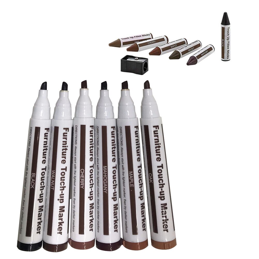 6 Pcs Furniture Touch Up Kit Markers & Filler Sticks Wood Scratches Restore Kit Scratch Patch Paint Pen Wood Composite Repair