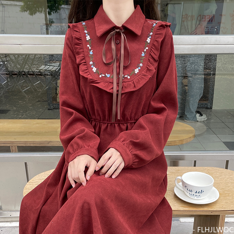 Art Mori vestido largo para niñas, ropa básica Retro, Vintage, estilo japonés, cuello de muñeca, cinta dulce, pajarita, vestido de pana, Otoño e Invierno