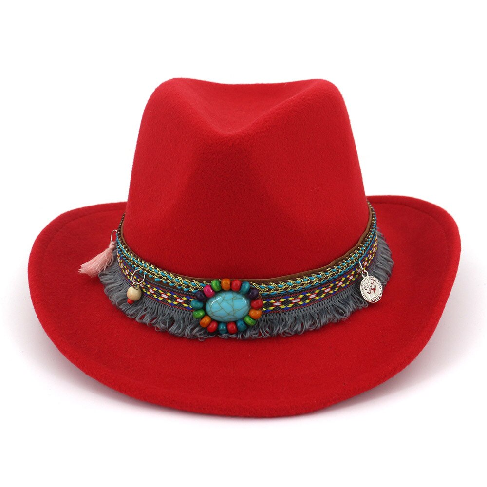 Sombrero de lana ahuecado para mujer, Sombrero de cowboy del oeste, con ala ancha enrollable, capucha, Sombrero ecuestre de Jazz con cinta de estilo nacional AD0853: Rojo