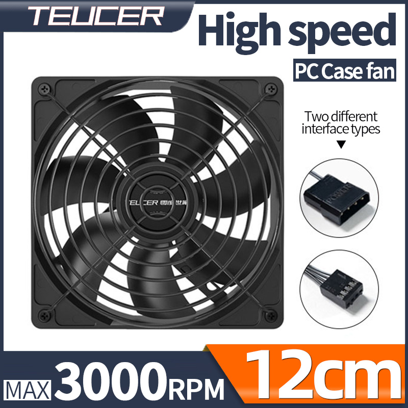 TEUCER-ventilador con caja de alta velocidad, 3000RPM, 12cm, chasis grande de 4 pines, fuente de alimentación, rodamiento hidráulico, ventilador de refrigeración líquida PWM de 12V/4 pines