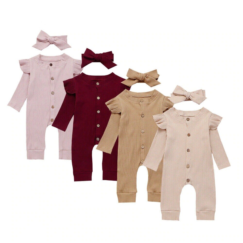 Combinaison 2 pièces en coton côtelé tricoté solide pour bébé,vêtements pour nouveaux-nés, filles et garçons, printemps et automne,