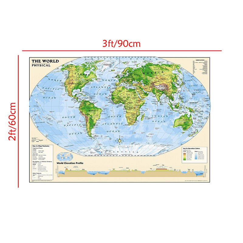 24x36 inches The World Physical Map With Key to the Map Features Spray Painting Home Wall Maps For Home Decoration