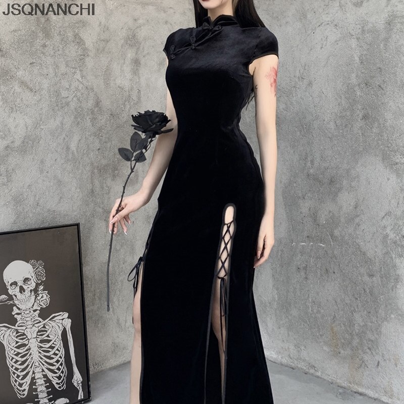 Cheongsam-Estilo de Mujeres gótico de satén, chino tradicional, Qipao dividido, Retro, , Vintage, ropa Oriental