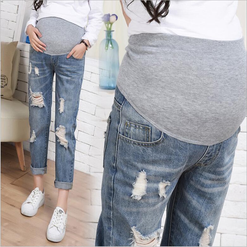 Vår høst gravid slitasje gravid klær for gravide bukser uformelle kvinner bukser rett pluss størrelse hull jeans  w017
