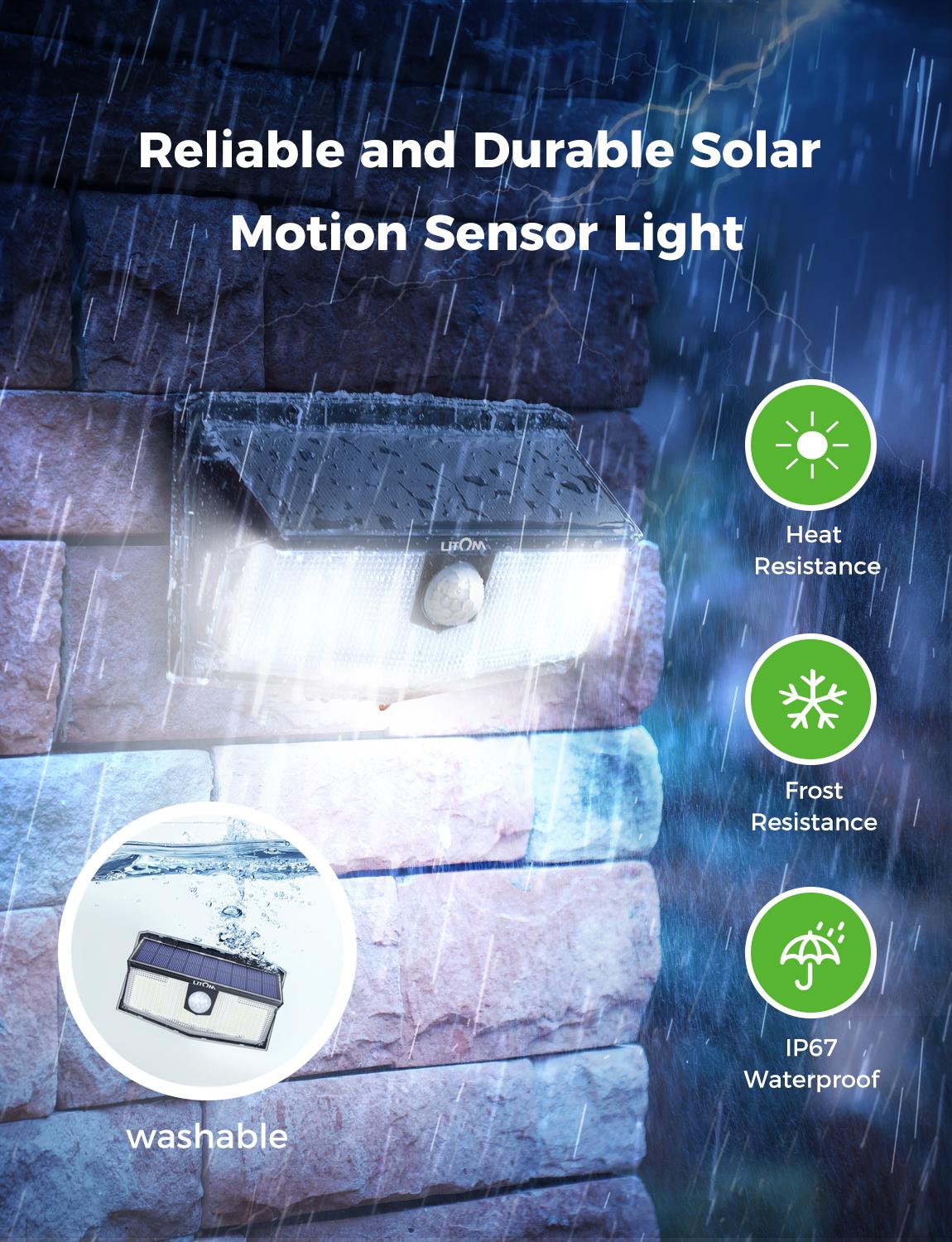 2 paquets LITOM 300 LED lumières solaires jardin amélioré PIR capteur de mouvement lumières IP67 étanche 3 Modes intelligents lampes murales solaires