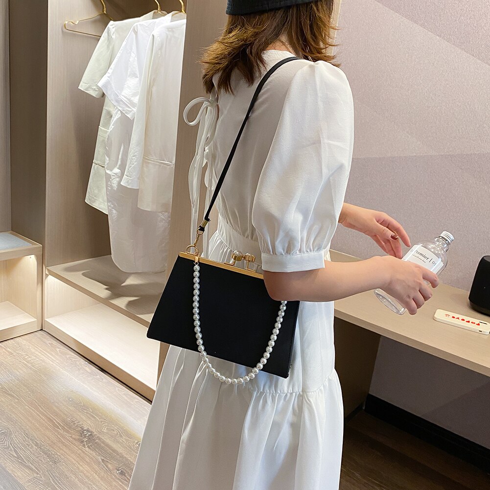 Casual PU Leather Clip Women's Shoulder Bags Pearl Handle Ladies Evening Clutch Purse Simple Solid Color Handbags