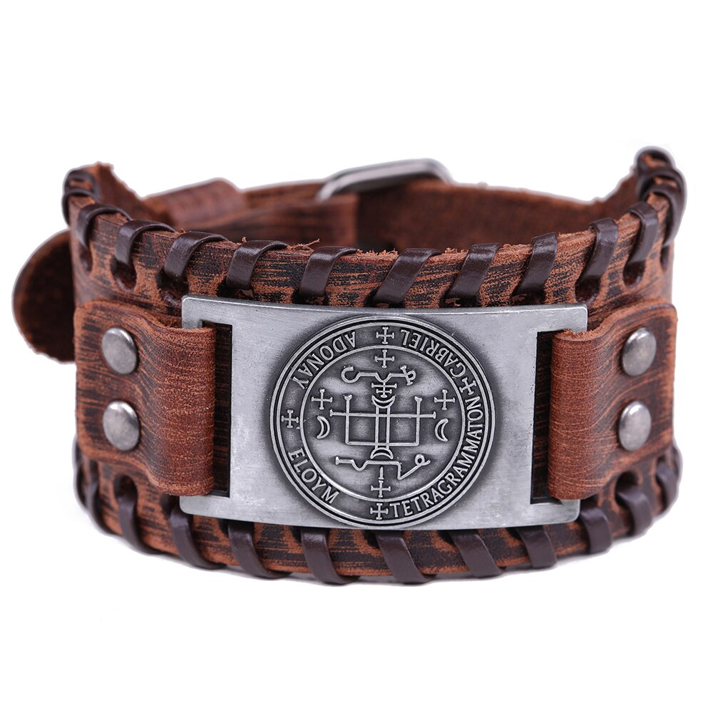 Skyrim Sigil Van Aartsengel Viking Brede Leren Armband Michael Raphael Talisman Vintage Angel Gothic Vermogen Bangles Man Sieraden: wide brown-sliver