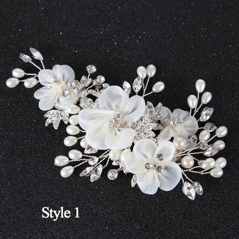 Elegante Floreale Spilli Pizzo Bianco sentiero E Filati Della Perla Del Fiore Dei Capelli della forcella Da Sposa tiara Corona Copricapo Delle Donne Accessori per Capelli Da Sposa: stile 1