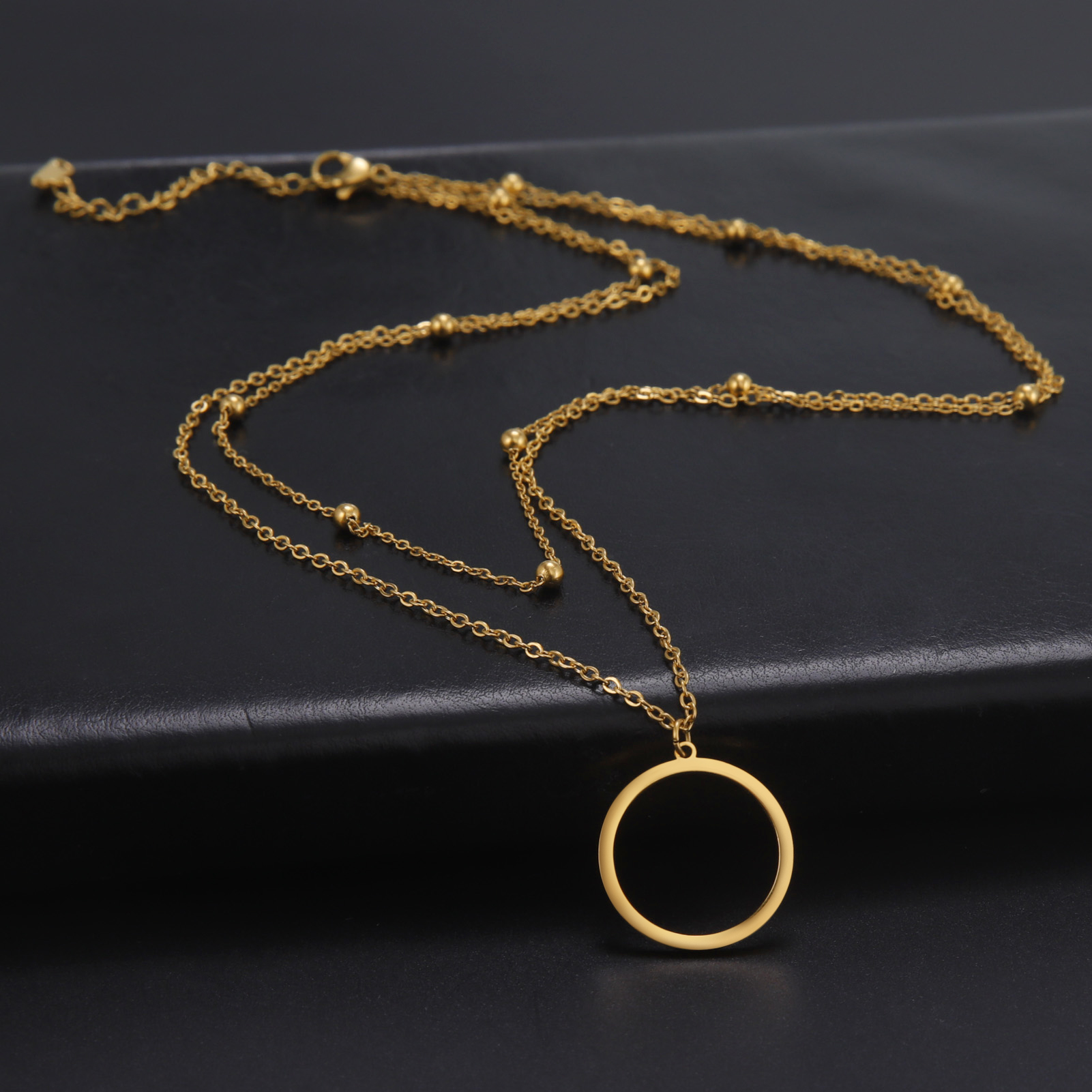 Teamer-Cadena de doble cuenta para mujer, collar con colgante de círculo hueco, Color dorado, collares simples populares de acero inoxidable, joyería