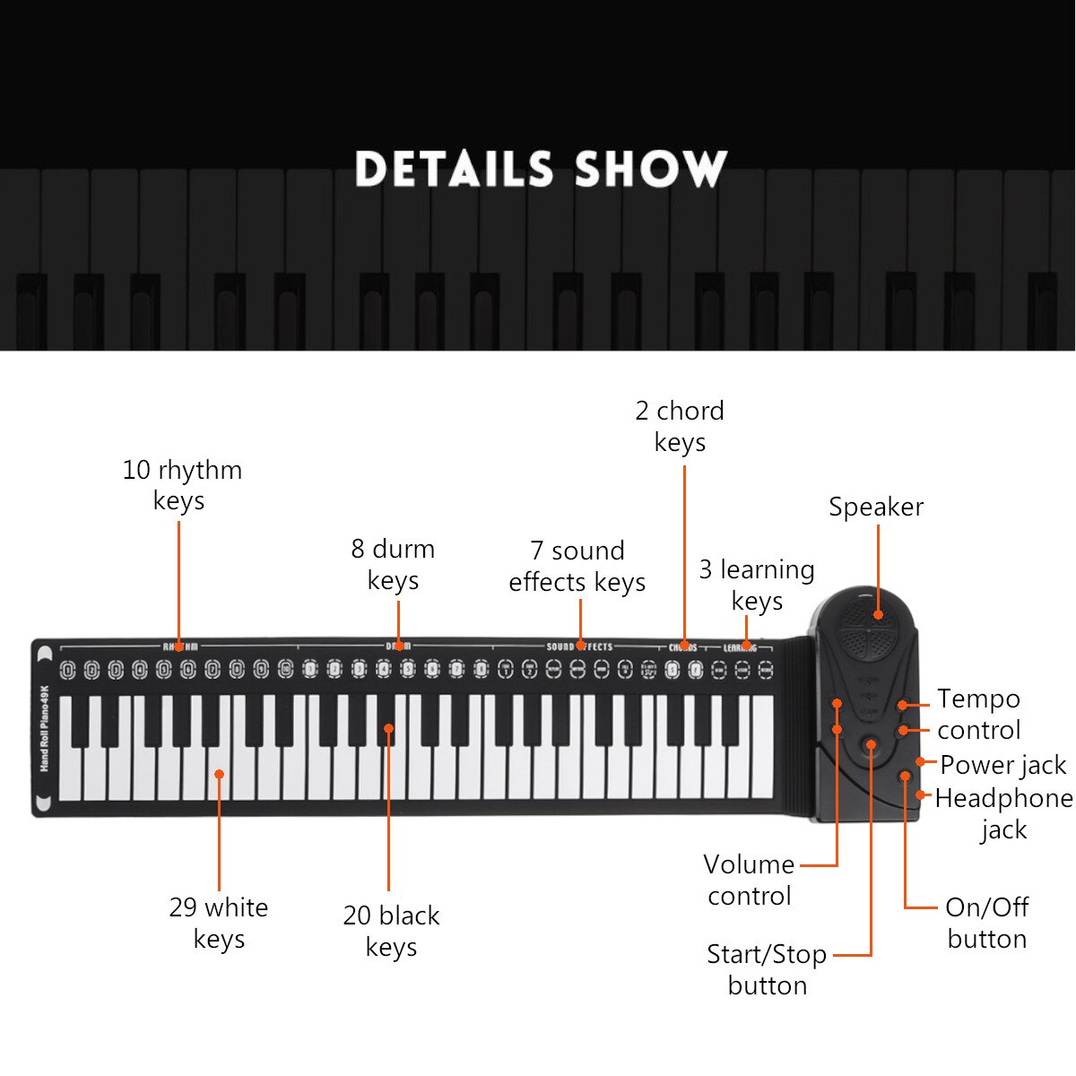 Portable 49-Key Roll Up Piano Flexible Silicone Digital Keyboard Piano USB Electronic Keyboard Piano With Speaker Music Keyboard
