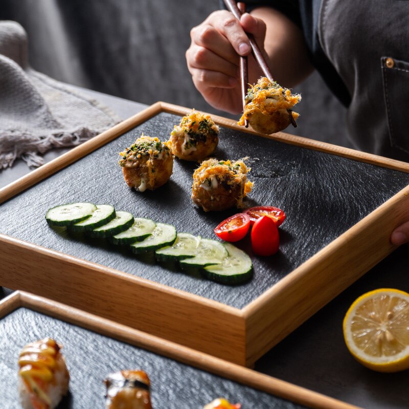Black Rock Plate Restaurant Hotel Western Plate Kitchen Bamboo Wood Pot Shabu-shabu Plate Slate Tableware Barbecue Plate