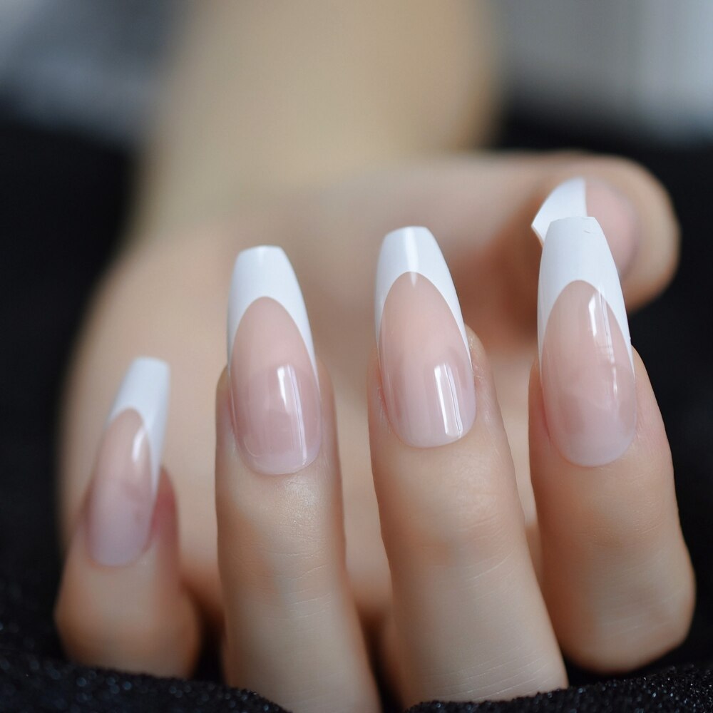 Lång glänsande fransk nagel naturlig naken helskydd plast konstgjorda naglar diy nageltips manikyr ballerina naglar