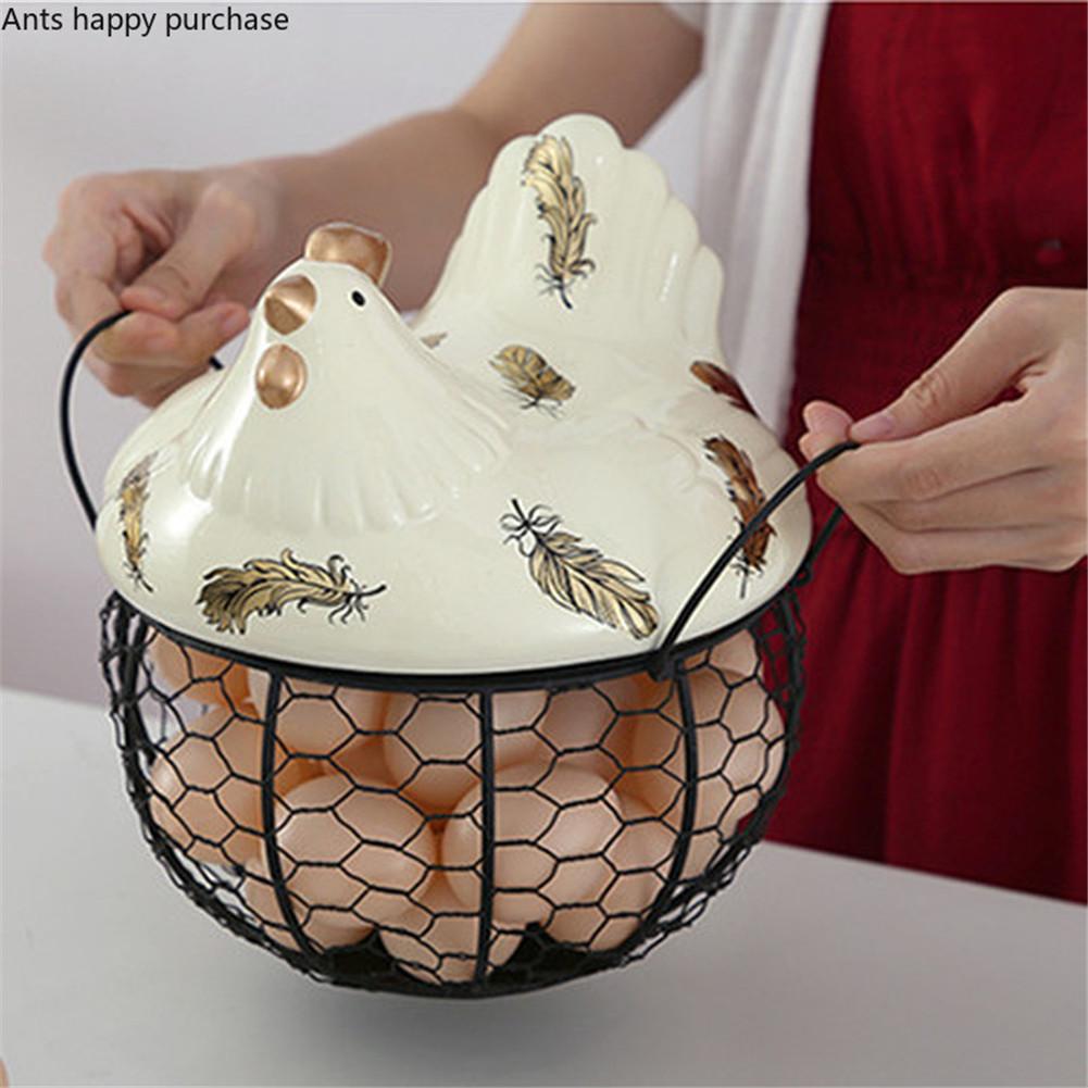Country Farm Style Metal Wire Egg Storage Basket With Ceramic Chicken Top Handles Fruit Snacks Organizer Kitchen Decoration