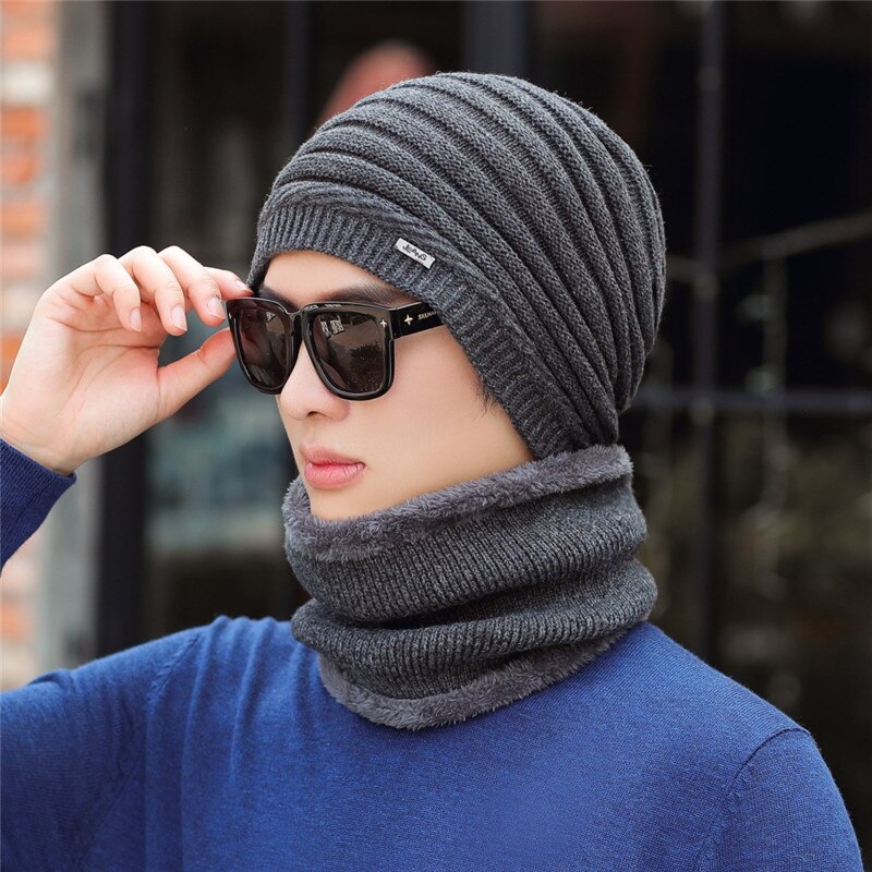 Herfst Winter Mannelijke Hoeden Sets Warm Gebreide Wollen Mutsen Sjaals Pak Jongen Cap Hals Kraag Dikke Pluche Mannen Hoed Sjaal 2 stuks Set: hat scarf grey