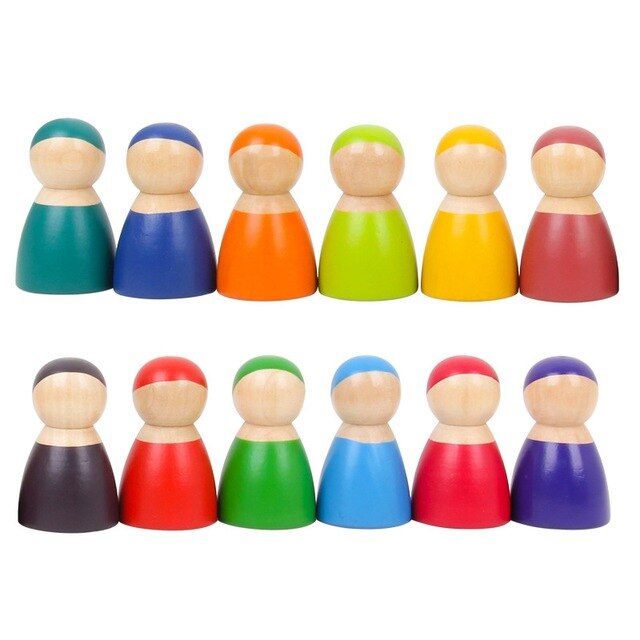 Baby Wooden Rainbow Blocks Toy Buliding Balance Game Stacker Montessori Educational Toys Wooden Gym Play Large Size Rainbow Toys: 12PC Doll