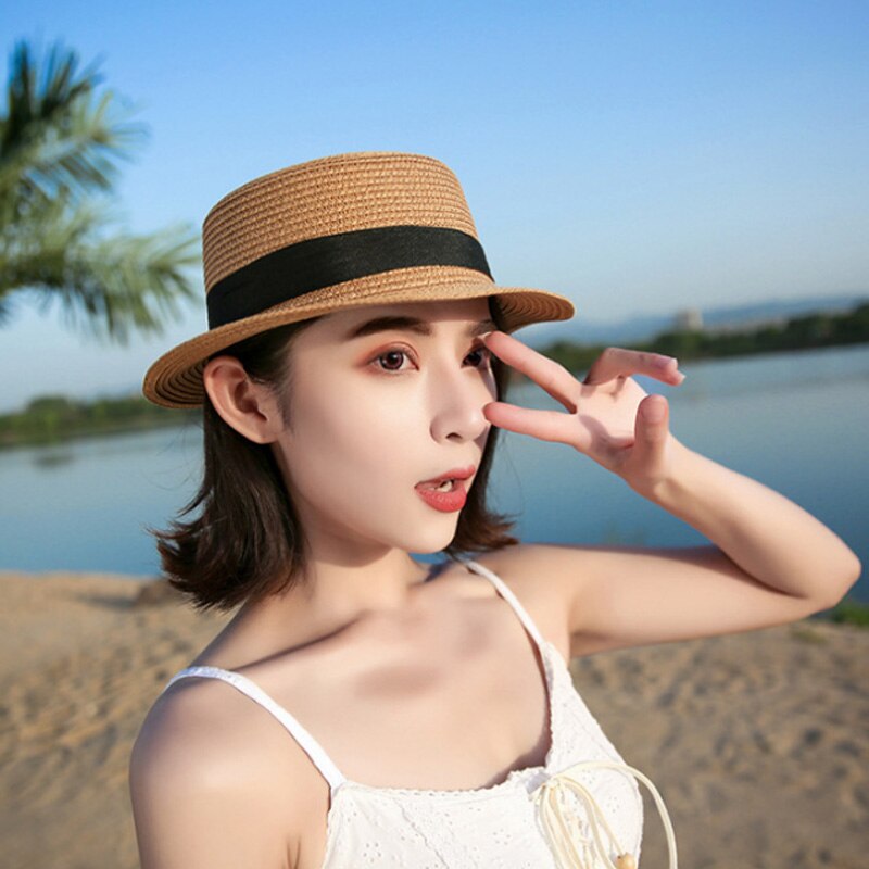 Kvinnor solhatt sommar strand stråhatt dam femme resor bowknot panama hatt platt hona
