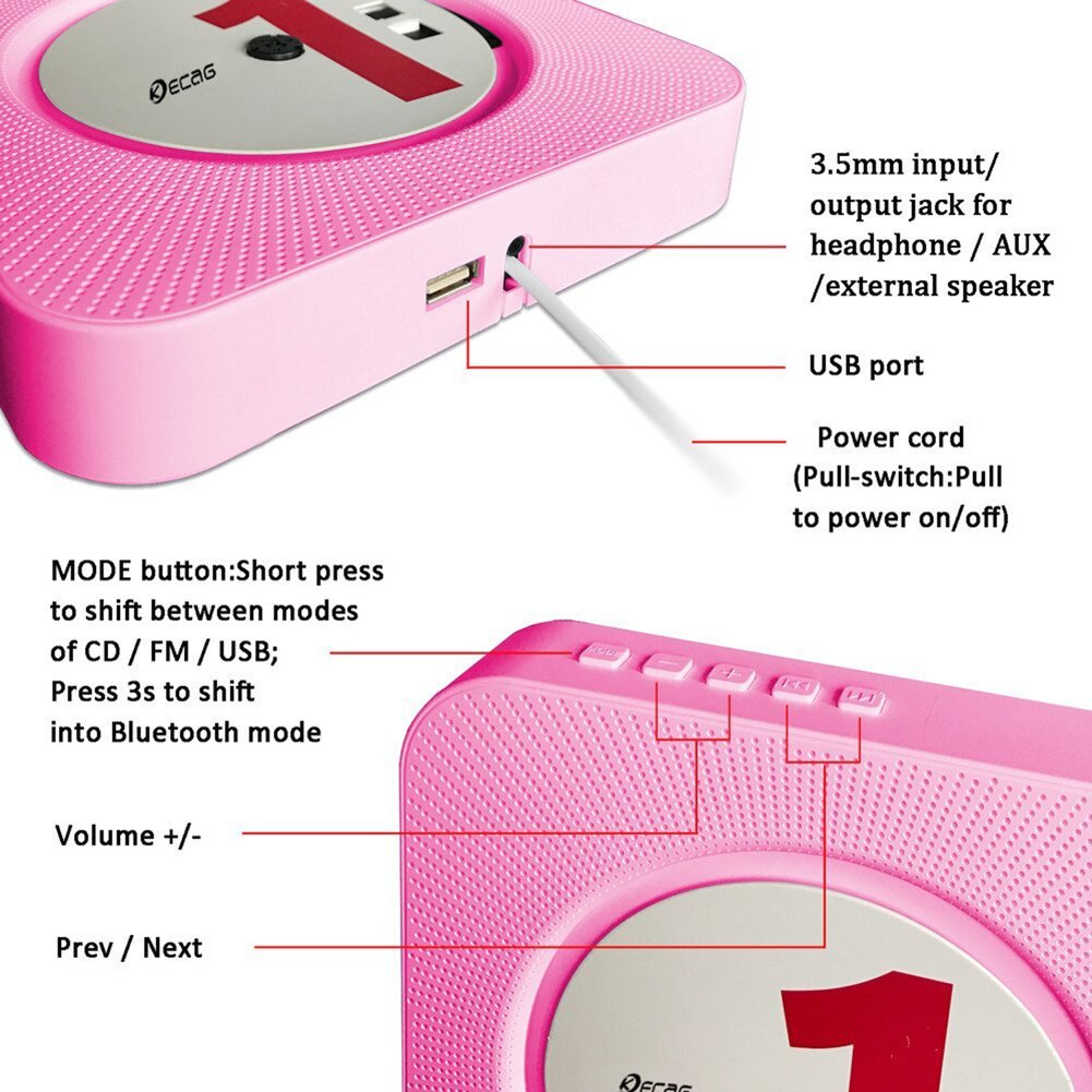 Wall Mounted CD Player Surround Sound FM Radio Bluetooth USB MP3 Disk Portable Music Player Remote Control Stereo Speaker Home