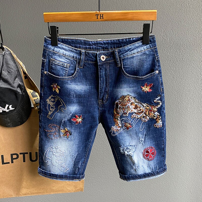 Short en jean brodé tigre chinois pour homme, tenue décontractée, coupe droite, Slim, Hip Hop, , nouvelle été: 28