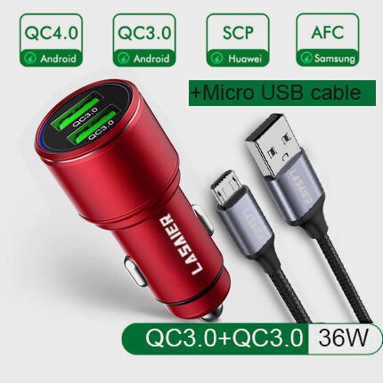 Lasaier Quick Charge 3.0 36W QC Car Charger for Samsung S10 9 Fast Car Charging for Xiaomi iPhone QC3.0 Mobile Phone USB Charge: Red with Micro